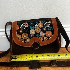 Floral Embroidered Brown and Black Women's Bag